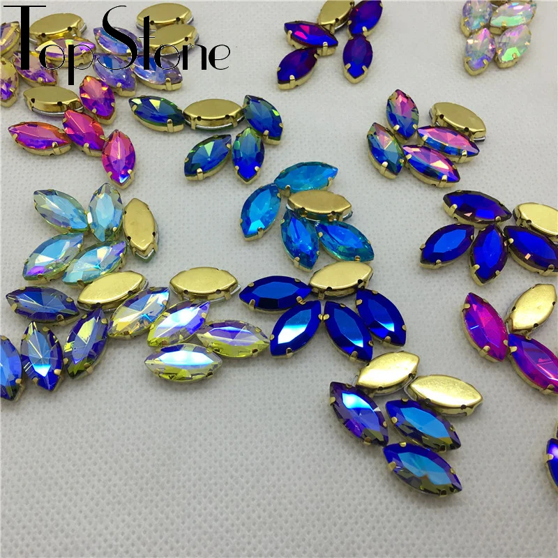 TopStone Colors AB Horse Eye пришивает стеклянный кристалл Navette Fancy Stone с золотой коготь для