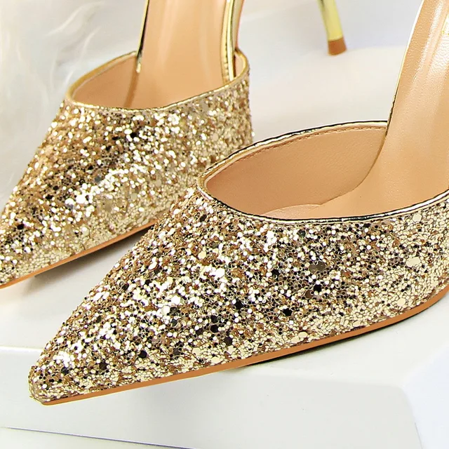 2022 Sexy Women Low 7.5cm 9.5cm High Heels Sandals Wedding Scarpins Metal Heels Sandals Strap Stiletto Bridal Glitter Gold Pumps 4