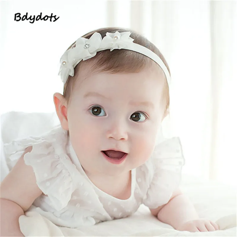 

1Piece Korean Floral Baby Headbands 6M-36Months Chiffion 3 Flowers Decorate Pink Baby Hair Girls Headwear Hair Bands With Peals