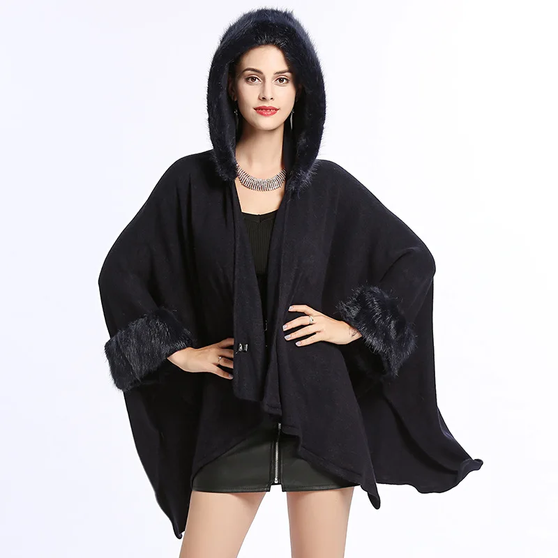 2018 Fashion Women Winter Capes Faux Fur Collar Knitted Open Stitch Poncho Long Sleeve Cardigan Thick Warm Cloak Coat With Hat