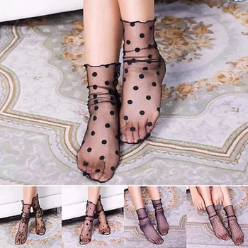 

New 2018 Charm Women Lace Ruffle Black Ankle Socks Elastic Ultrathin Sheer Thin Black Printed Mesh Short Socks