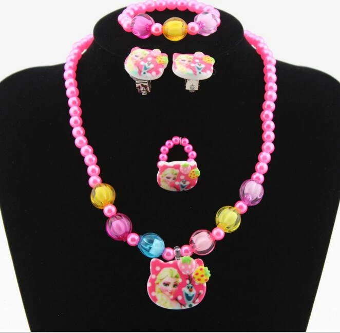4ピース模造真珠漫画混合キティプリンセスフラワーネックレス ブレスレット リング イヤリング子供子供ジュエリーセットクリスマスギフト Jewelry Sets Kids Jewelry Setskids Jewelry Aliexpress