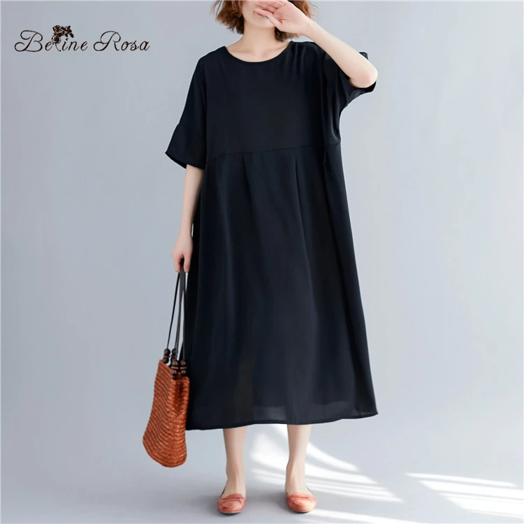 BelineRosa Simple Casual Black Color Dress in Big Sizes High Waist Loose Style Women Dress Cotton Linen Natural CLothesBSDM0250