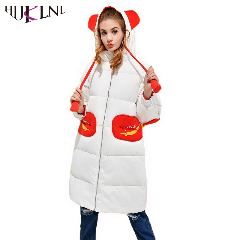 HIJKLNL 2017 New Winter Long Down Jacket Coat Women Kawaii Smile Face Ear Patchwork Hooded Duck Puffer Parak NA239 | Женская одежда