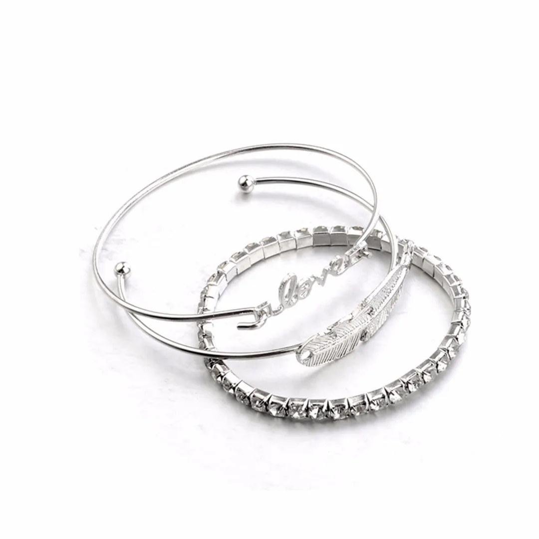 3pcs/Set Women Leaf Feather Love Crystal Rhinestone Open Bangle Bracelets
