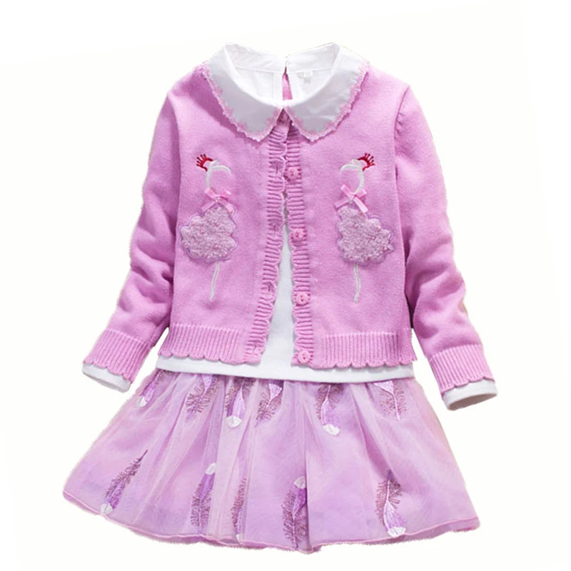 

Autumn Toddler Girl Children's Sets Baby Sweater Coat Cotton Blouses Lace Skirt 3pcs Children Princess Suit High Quality