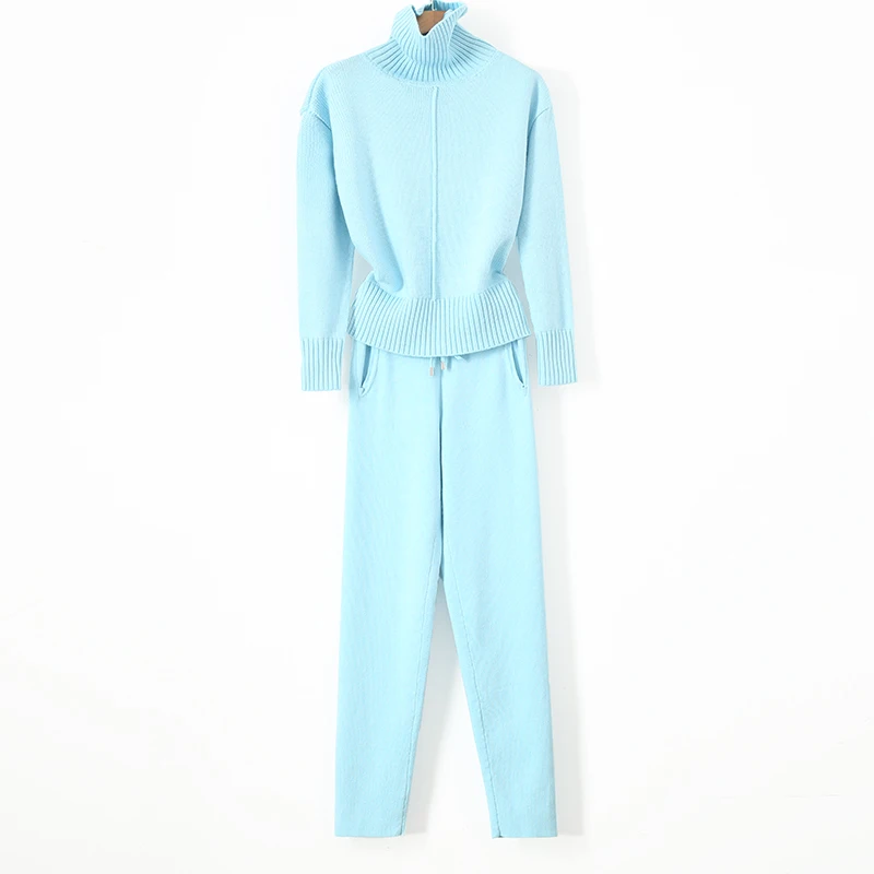 

2018 autumn and winter turtleneck cashmere knitted mink cashmere suit simple Pedicure trousers two piece female Pullover