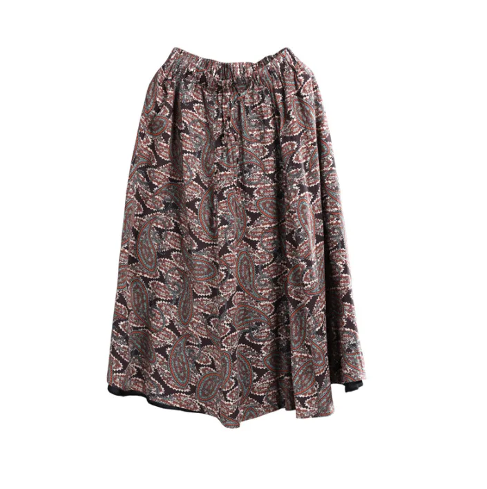 Spring Skirt Women Loose Elastic Waist Retro Skirt New Ladies Print pocket Vintage Casual Skirt Mori girl