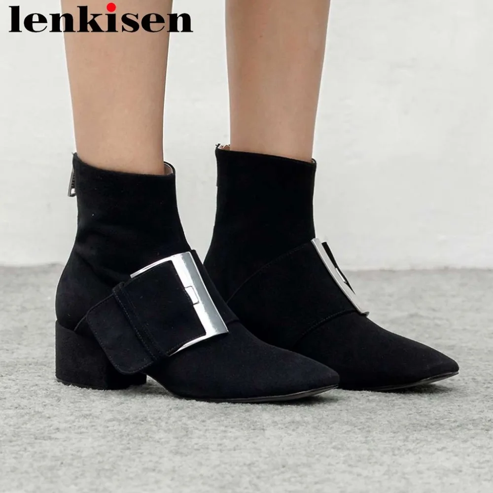 

2018 movie stars metal buckle belt vintage zipper oxford pointed toe british style med square heels kid suede ankle boots L36