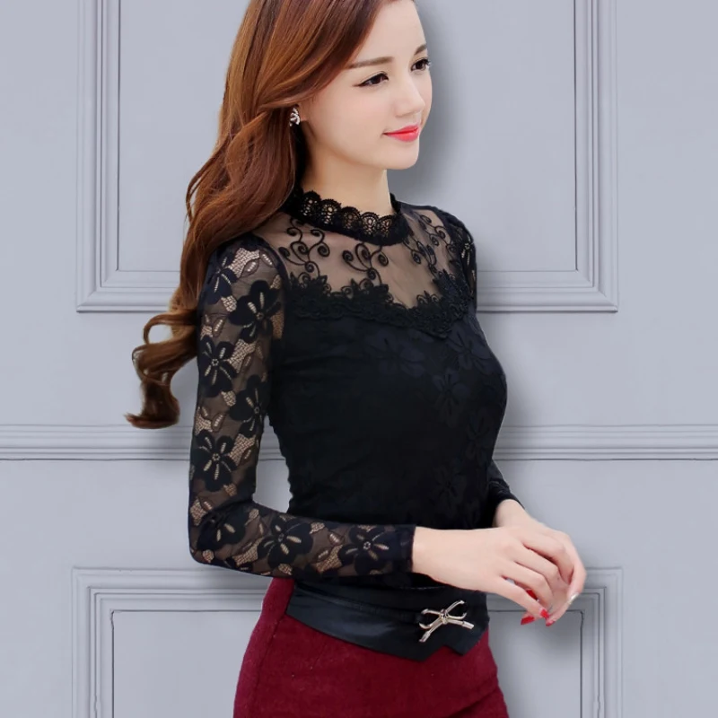 Prix Femininas Blusas 2018 Femmes Blouses Printemps Automne Mode Sexy Mince Chemise Tops Dentelle À Manches Longues O cou Loisirs Noir Blanc s 5XL