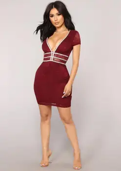 

2019 New Women Sexy V-Neck Beading Summer Dress Casual Bandage Bodycon Elegant Party Dress Wholesale
