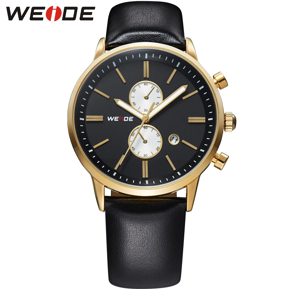 

WEIDE Brand Business Casual Black Gold Watch Men Genuine Leather Strap Japan Quartz Movement Calendar 3ATM Waterproof Wristwatch