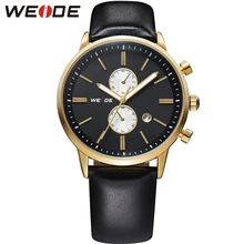 WEIDE Brand Business Casual Black Gold Watch Men Genuine Leather Strap Japan Quartz Movement Calendar 3ATM Waterproof Wristwatch