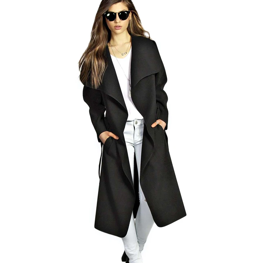 Зимнее пальто женское широкий лацкан и пояс карманное шерстяное пальто выше размера длинный красный плащ шерстяное пальто для женщин 4 размера 4 col