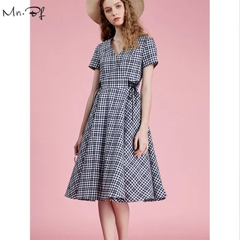 

Toyouth Vintage Dress Mid Calf Sun Dress V Neck Plaid Summer Short Sleeve Waist Belt Party Dress Female Retro Dresses