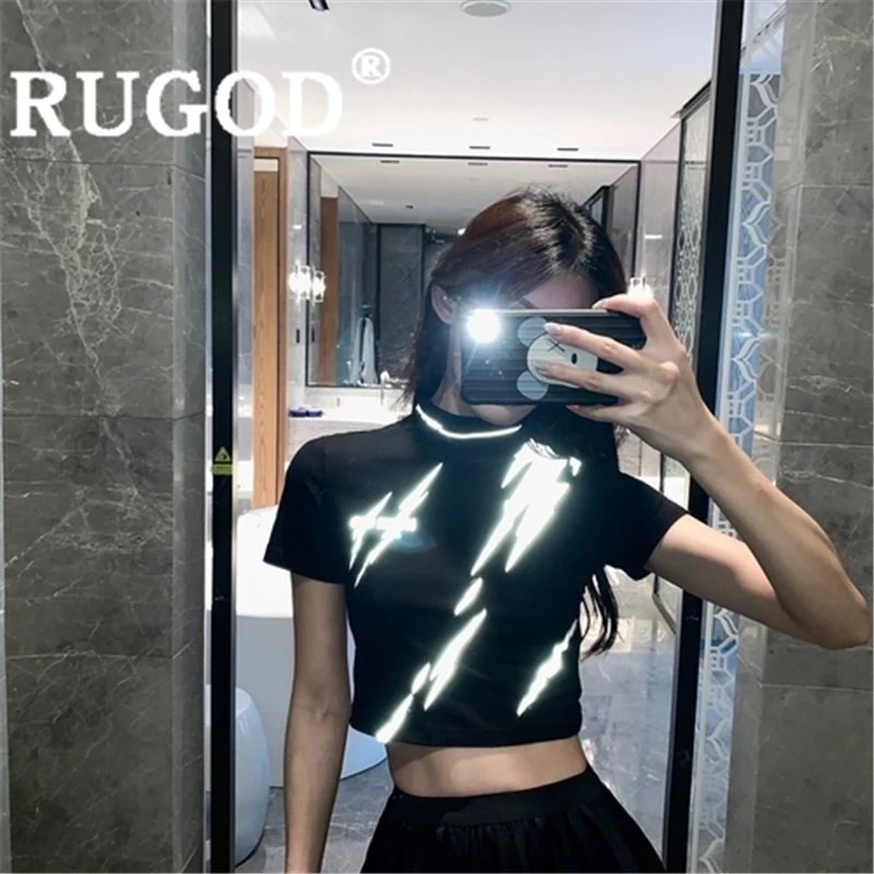 Женская Блестящая футболка RUGOD с молнией водолазка надписью приталенная