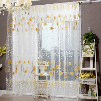 

100X200cm Offset Embroidered Voile Curtains Window Curtain Flower Print Bedroom Tulle Voile Drape Panel Sheer Window Decoration