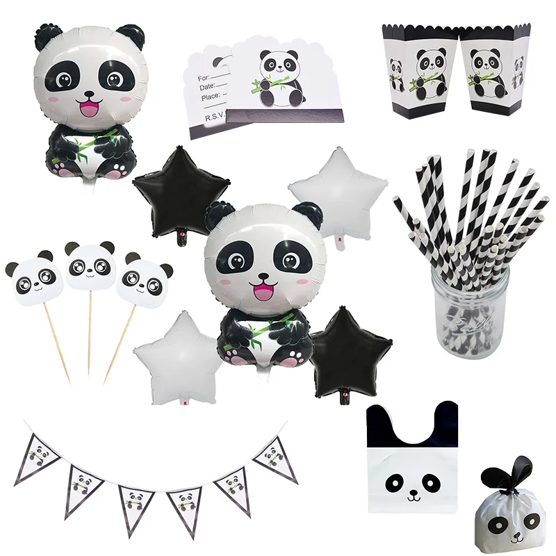 

Cute Panda Foil Balloon Animal Theme Party Supplies Kids Birthday Disposable Tableware Set Balloon Banner Straws Decorations