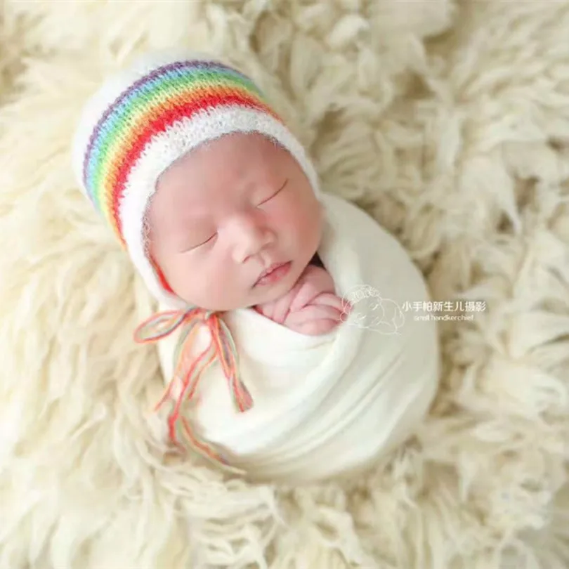 

Crochet Newborn Rainbow Hat Baby Girl Colorful Hat Photography Props Knitted Infant Hat Mohair Fabric Newborn Shower Gift