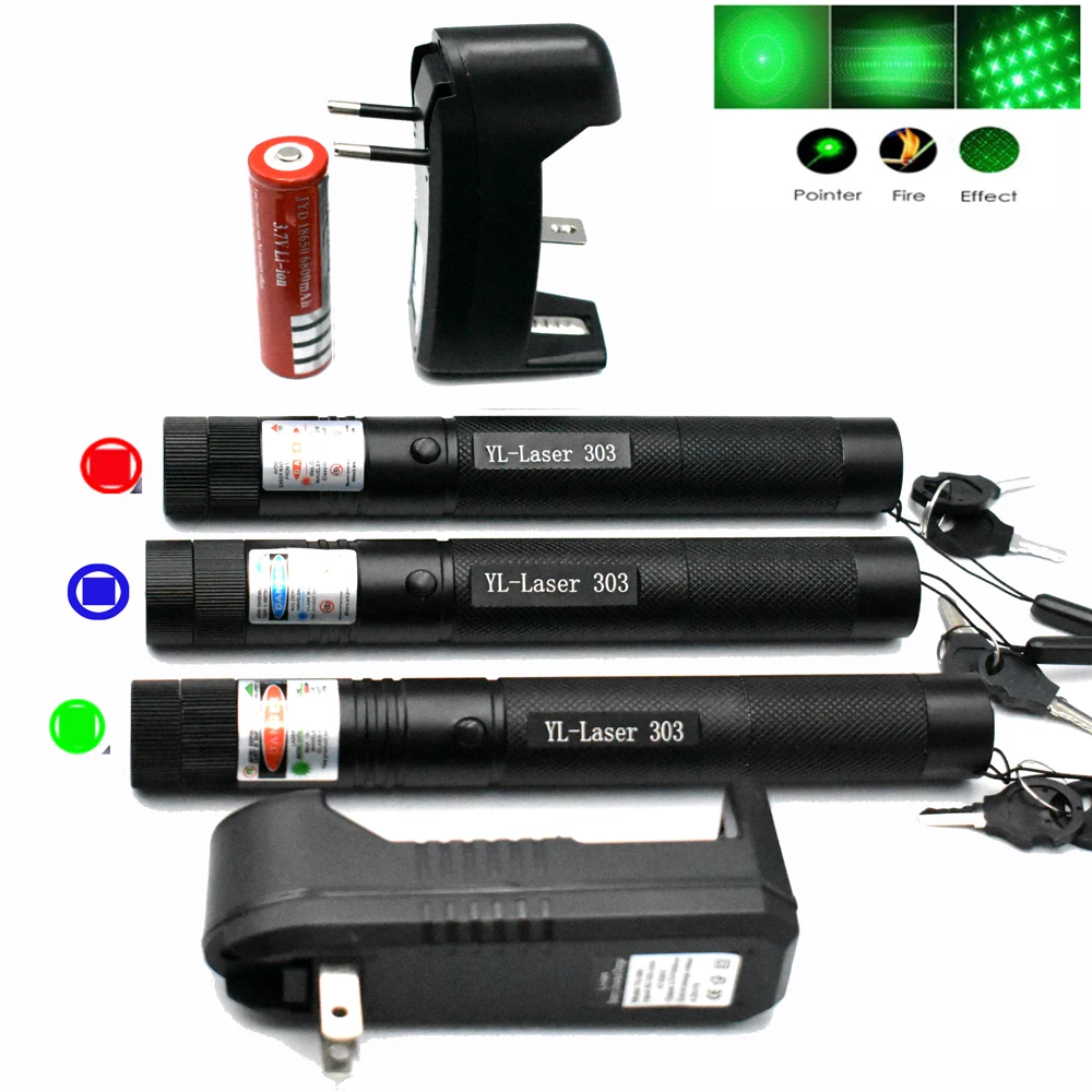 303 Green Laser Pointer Red Laser Blue Pointer Sight Powerful Device Adjustable Focus Lazer 303, Choose Charger& 18650 Battery