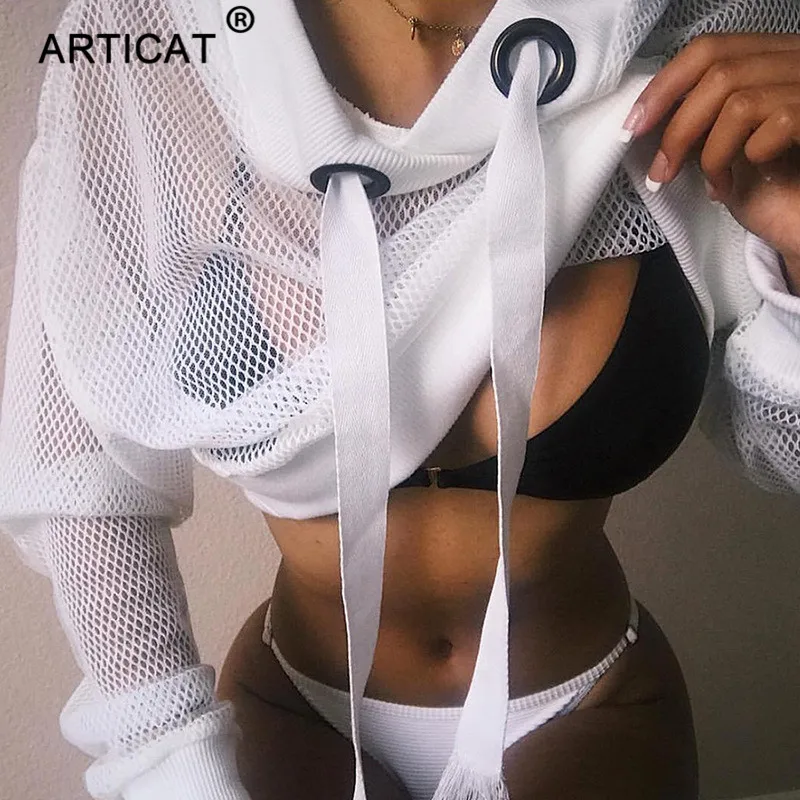 Comprar Articat Sexy Mesh Cropped Hoodies mujer sudadera otoño manga larga transparente Fishnet Crop Top blanco negro Casual Pullover