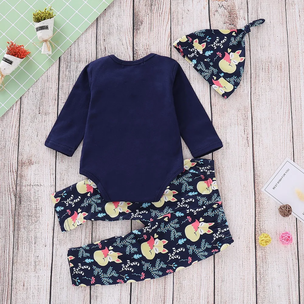 Baby Girl Clothes Sets Funny Fox Body Tops Pants Hats Newborn Infant 3pcs Outfits Fashion Long Sleeve Toddler Bebes Costumes New