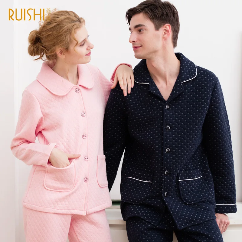 

Couple Pyjama Cotton-padded Winter Thick Warm Couple Matching Pajamas Cotton Long-sleeved Pj Set Cotton Men And Women Home Suits