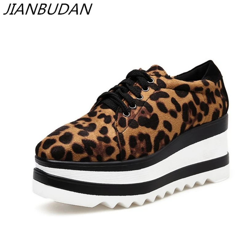 

JIANBUDAN/ Platform wedges Casual women's shoes Flock Lace-Up Breathable high heels Thick heel Leopard sexy Female Pumps 35-40