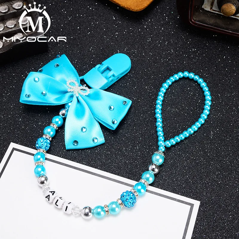 MIYOCAR Personalised any name beautiful blue crown Rhinestone pacifier and pacifier clip holder set prince baby shower gift