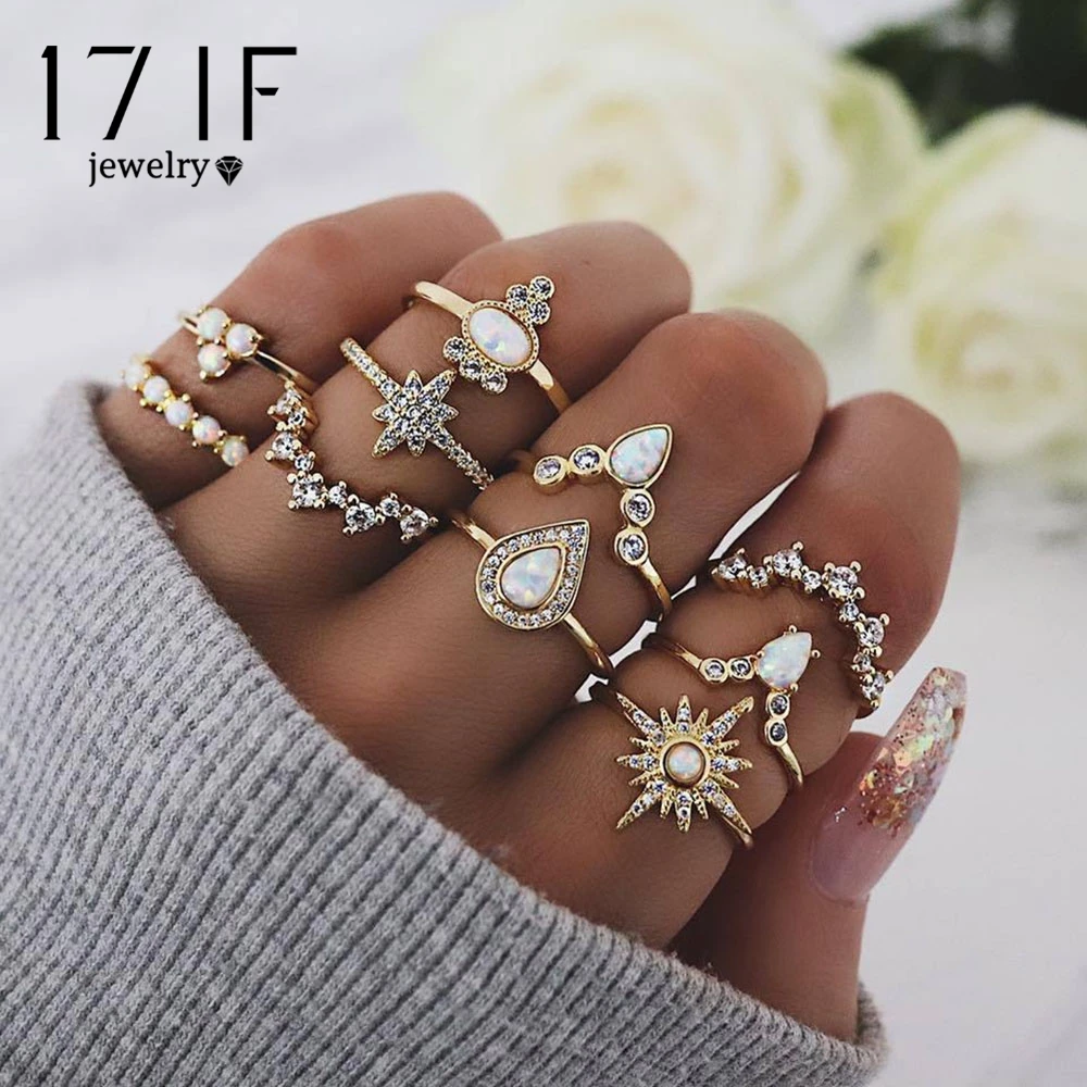 

17IF 10 PCS/Set Women Exquisite Crystal Geometry Star Crown Gem Gold Finger Ring Set Engagement Wedding Fashion Jewelry Gifts