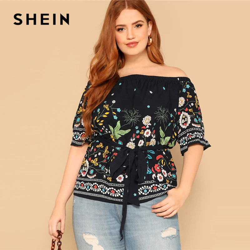 SHEIN Размер Плюс Блузка С Графическим Принтом И Поясом Женский Летний Многоцветный Богемный Топ С Средним Рукавом И Открытым Плечом|Блузки и рубашки| | АлиЭкспресс