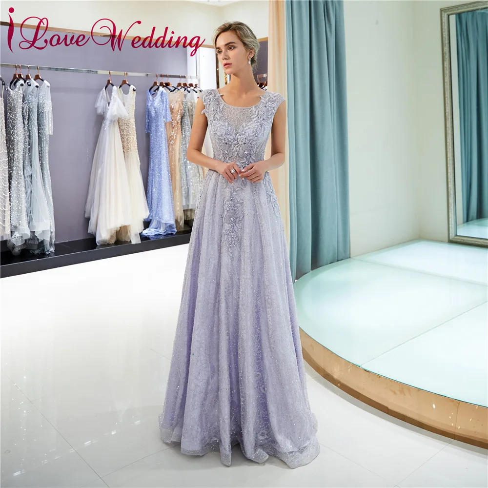 

iLoveWedding Robe de soiree 2018 Evening Dress Lilac Lace Applique Beaded Floor Length Sheer Lace Back Formal Party Gown