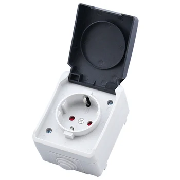 

White European 16A 250V 2P+E 1Way Waterproof IP44 Kitchen Bathroom Outdoor Surface mounted splash-proof German Power Wall Socket