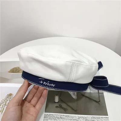 Fashion Cotton Beret Hat Women Ribbon Bow Letter Embroidery Cap Female Ladies Beanie Beret Sweet Girls For Autumn Winter - Цвет: white