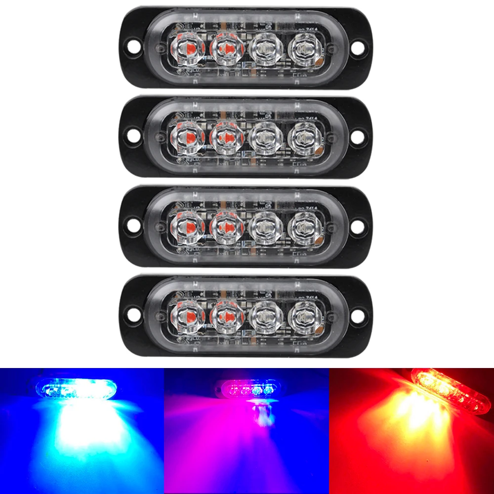 4LED Ultra-thin Strobe Light 12-24V Car Motorcycle Side Light Red blue White Amber Truck Warning strobe Police light