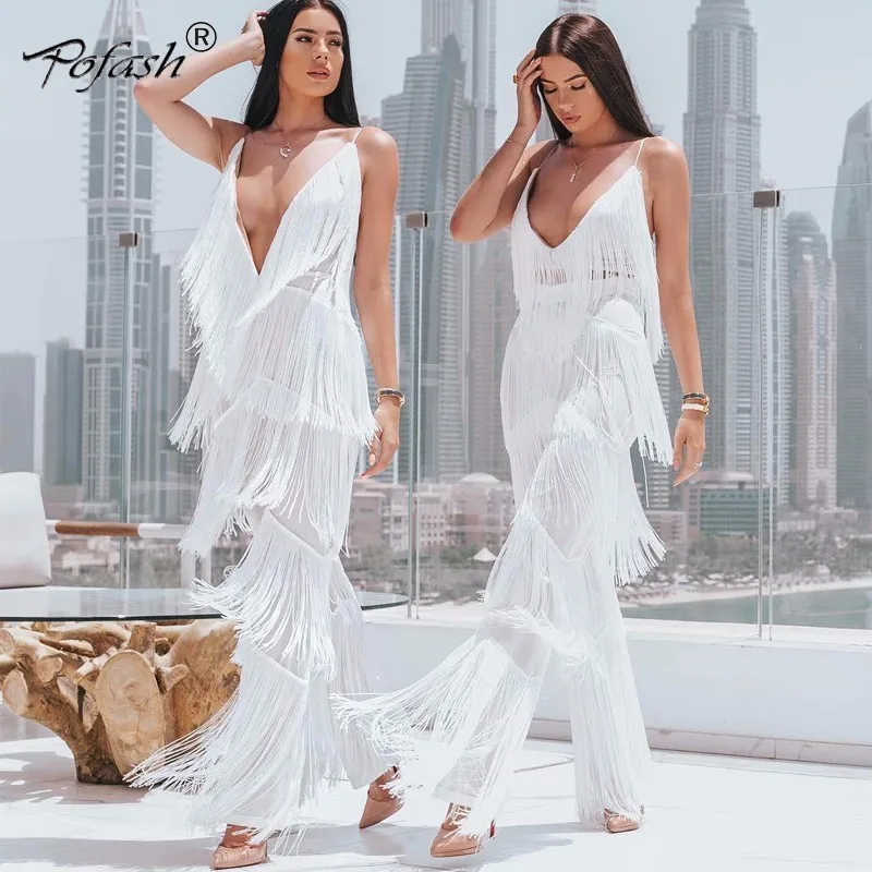 

POFASH Tassel Long Jumpsuits Back Zipper Bodycon Sexy Rompers Womens Jumpsuit Plus Size Stitching Black Women Overalls