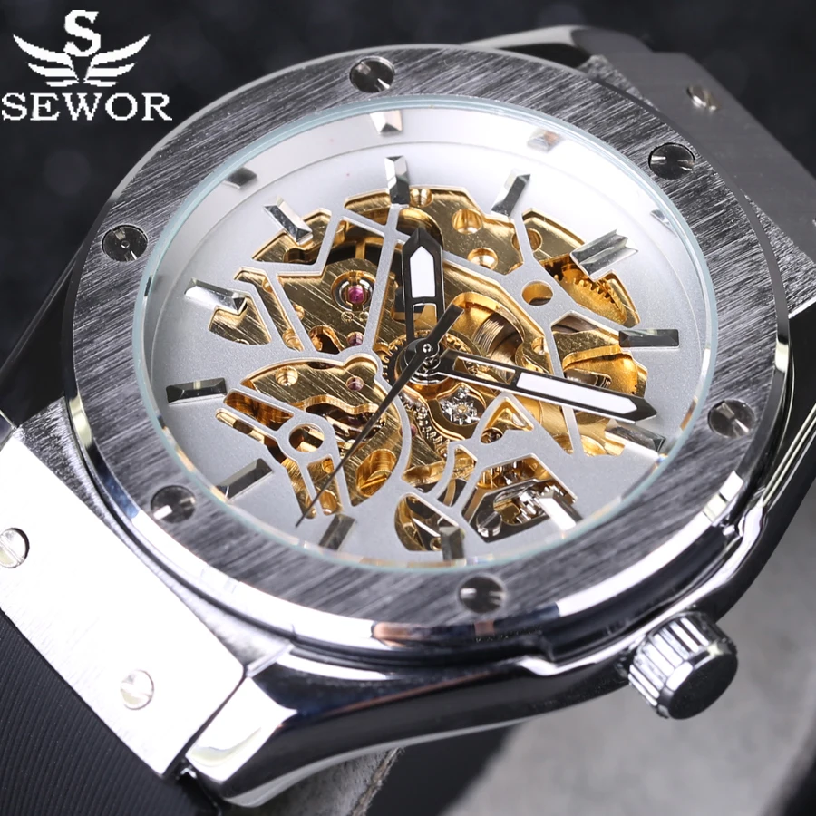 Beste 2016 Nieuwe SEWOR Automatische Mechanische Mannen Horloges Casual Rubber Strap Luxe Mannelijke Horloge sport Relojes hombre militaire polshorloge