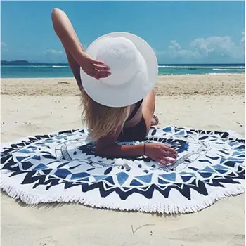 

Microfiber Round Beach Towel 150cm Bath Towels Tassel Geometric Print Summer