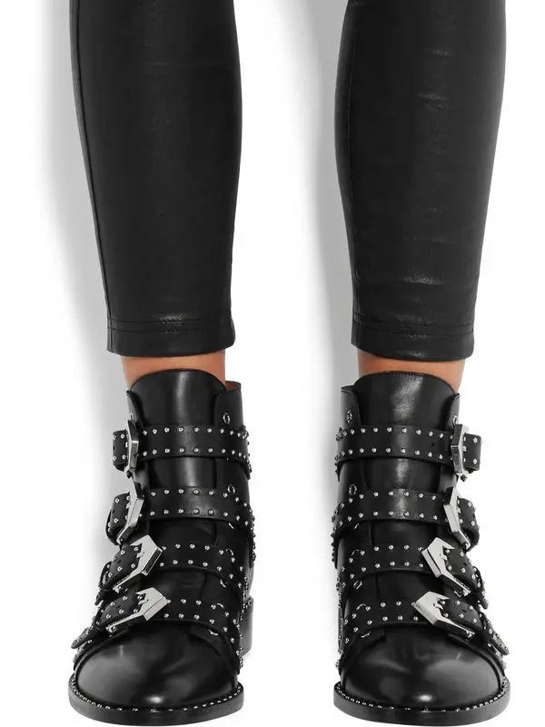 

Luxury Brand Woman Ankle Boot Genuine Leather PUNK Rivet Short Boots Flat Bottom Metal Rock Excellent Woman Shoes Zapatos Mujer