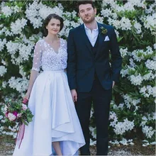 Vintage High Low Wedding Dress With Sleeves Plus Size V Neck Flowers Bridal Gowns Ivory Satin Hijab Dress Vestidos De Novia 2016
