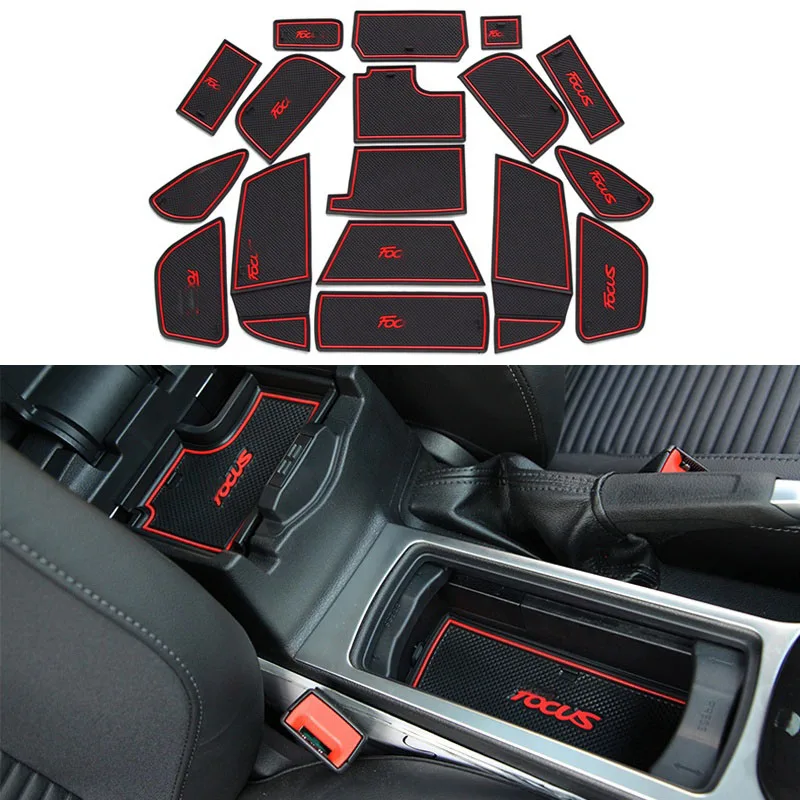 17 pcs sport style gate slot pad rubber car-cup Interior cup cushion Door Mat Cup stickers covers For Ford Focus 2015 2016 2017