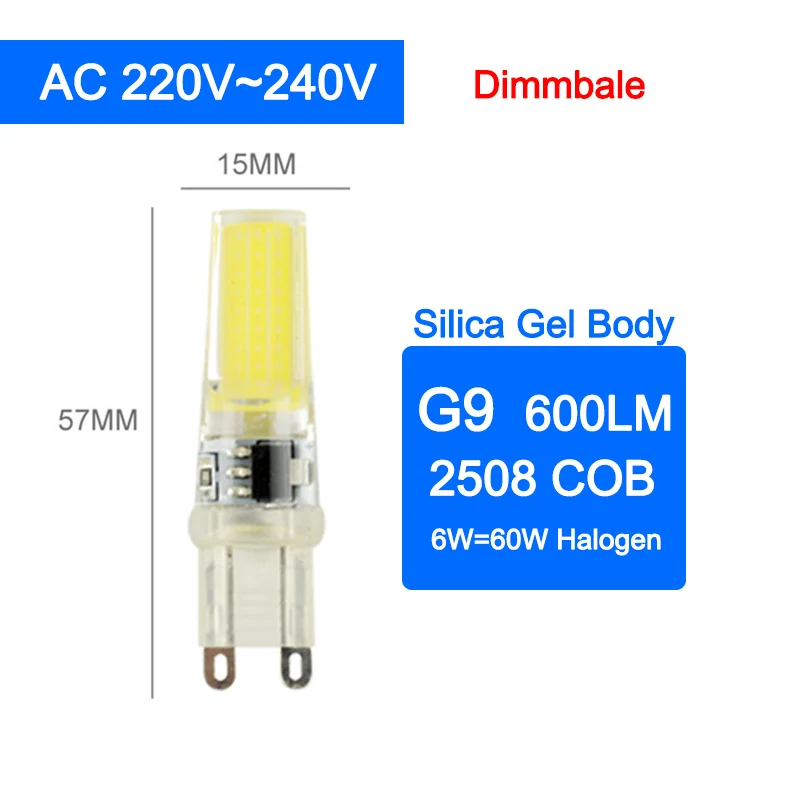 COB Dimmable g4 Светодиодный светильник g9 светодиодный светильник лампа e14 Лампа AC/DC 12 В 220 В 3 Вт 5 Вт 6 Вт светодиодный G4 G9 лампа замена галогенная лампа 1 шт./5 шт - Испускаемый цвет: G9 220V 6W Dimmable