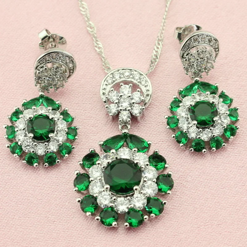 

WPAITKYS New Style Green Created Emerald 925-Sterling-Silver Jewelry Sets For Women Necklace Set Necklace Pendant Drop Earrings