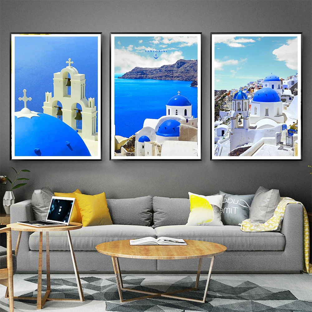 Scandinavian Art Greek Blue Santorini Canvas Painting Vintage