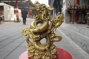 

12"Chinese Folk Classical Pure Brass Carve Fly Dragon technics Royal statuary