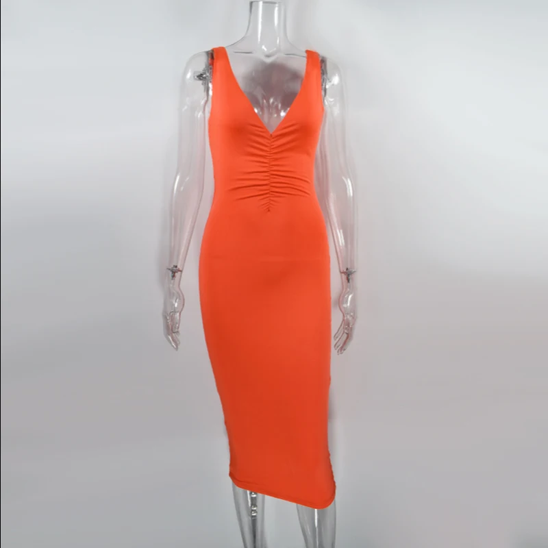 Женское Бандажное платье NewAsia, Осеннее сексуальное платье с глубоким v-образным вырезом для рождественской вечеринки, однотонное Двухслойное облегающее платье Vestidos - Цвет: Orange