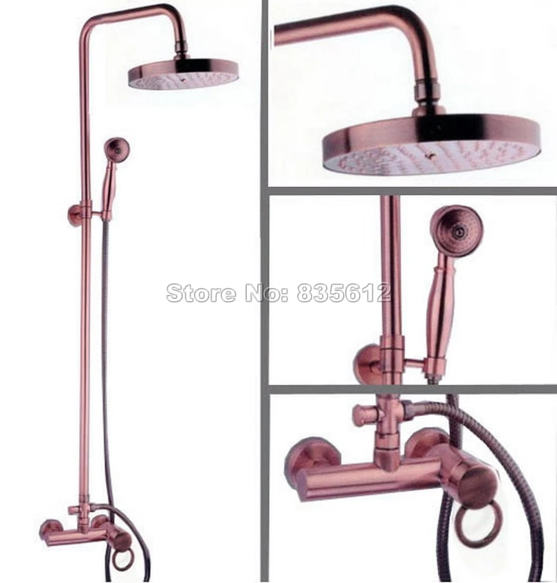 

Antique Red Copper Bathroom Wall Mounted 8" Round Shower Head Rain Shower Faucet Set /Hold Shower+Single Handle Mixer Tap Wrg010