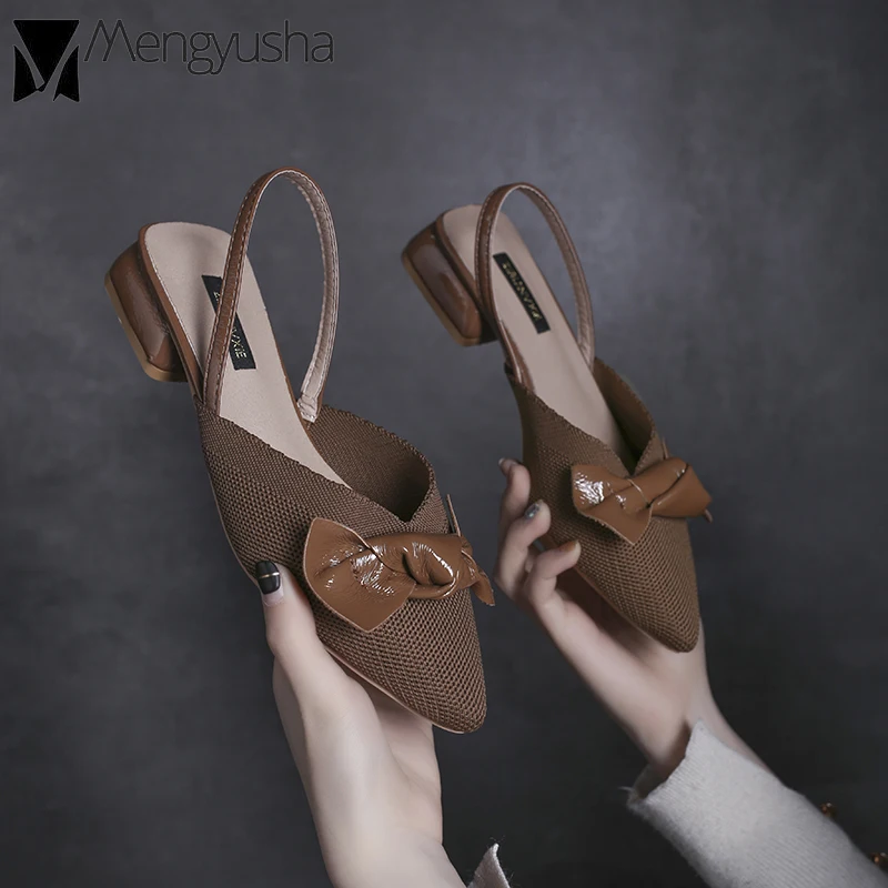 

Sweet Bowtie back strap mules women beach low heel knitted sandals pointy breathable cutout flipflop cozy ladies slingback shoes