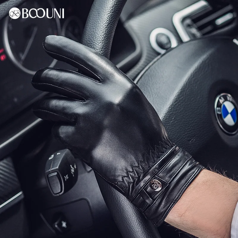 BOOUNI Genuine Leather Gloves Fashion Men Sheepskin Gloves Black Winter Plus Velvet Finger Motorcycle Driving Glove NM786