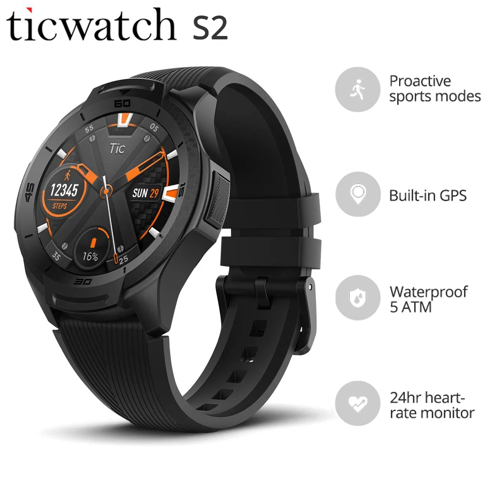 Продажа Ticwatch S2 Смарт часы Встроенный font b gps b font часы мужские 5ATM водонепроницаемый носить ОС Google 24hr монитор сердечного ритма несколько циферблатов часы
